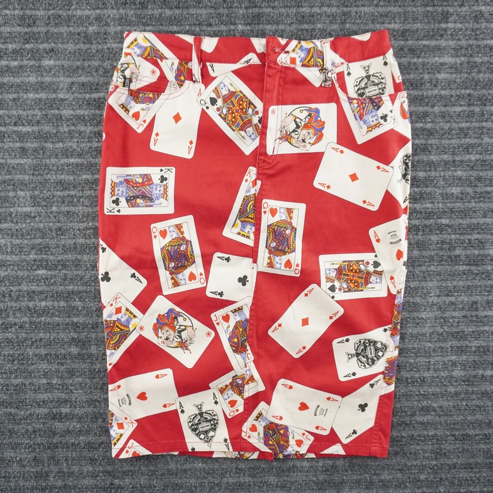 Vintage 90s Moschino Jeans Pencil Skirt Womens Size 10 Red Playing Card Print